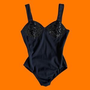 90's vintage black sequins cotton blend bodysuit one piece MEDIUM jazzie